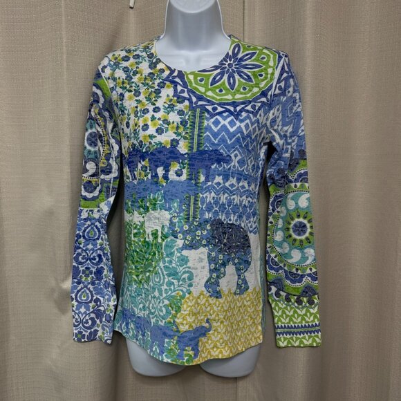 Whimsy Rose Waffle Thermal Long Sleeve Shirt Women's Size Small Elephant Print - Picture 1 of 8